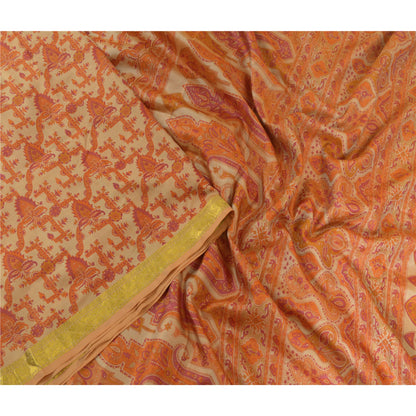 Sanskriti Vintage Sarees Light-Brown Zari Border Pure Silk Printed Sari Sustainable Fabric