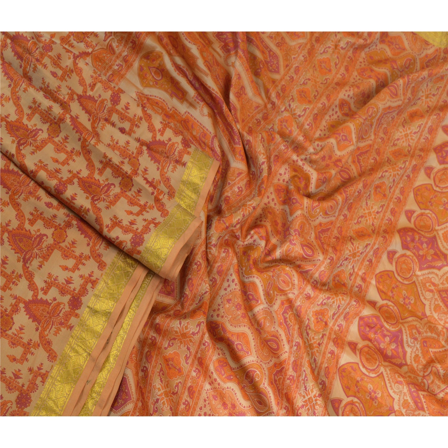 Sanskriti Vintage Sarees Light-Brown Zari Border Pure Silk Printed Sari Sustainable Fabric