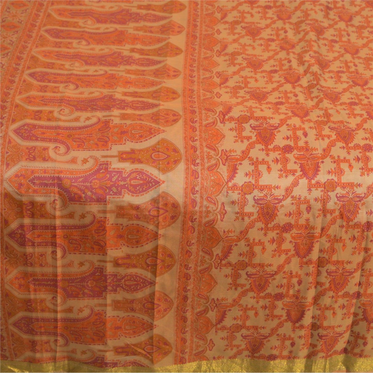 Sanskriti Vintage Sarees Light-Brown Zari Border Pure Silk Printed Sari Sustainable Fabric