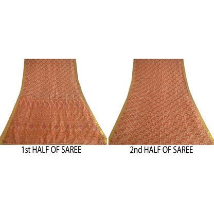 Sanskriti Vintage Sarees Light-Brown Zari Border Pure Silk Printed Sari Sustainable Fabric
