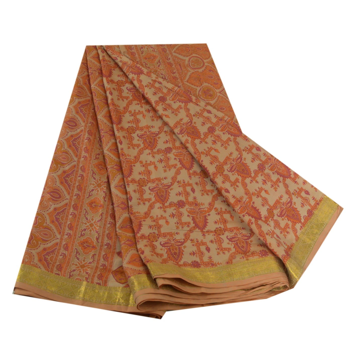 Sanskriti Vintage Sarees Light-Brown Zari Border Pure Silk Printed Sari Sustainable Fabric
