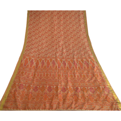 Sanskriti Vintage Sarees Light-Brown Zari Border Pure Silk Printed Sari Sustainable Fabric