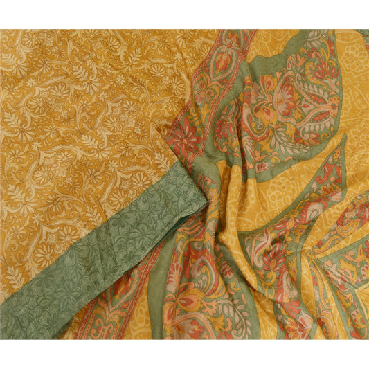 Sanskriti Vintage Sarees Saffron 100% Pure Silk Printed Sari Floral Craft Sustainable Fabric