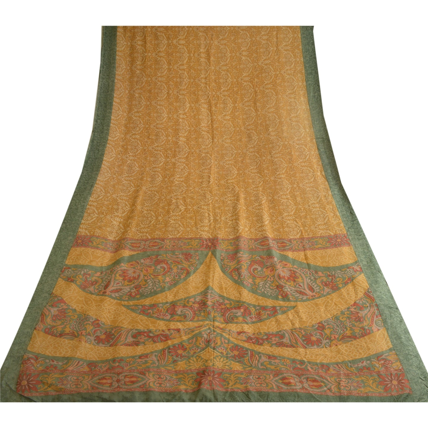 Sanskriti Vintage Sarees Safran 100% Ren Silke Trykt Sari Blomster Håndværk Bæredygtigt Stoff