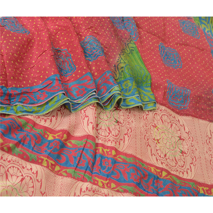 Sanskriti Vintage Sarees Green/Red Pure Silk Printed Woven Sari 5yd Craft Sustainable Fabric