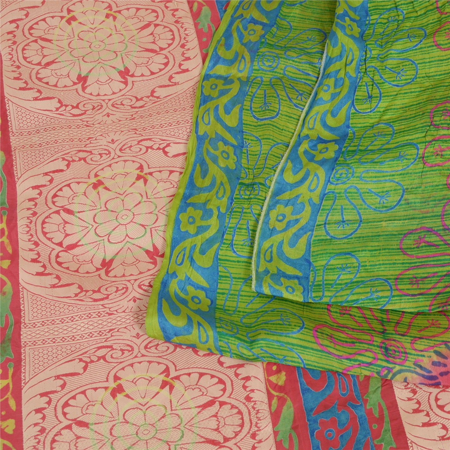 Sanskriti Vintage Sarees Green/Red Pure Silk Printed Woven Sari 5yd Craft Sustainable Fabric