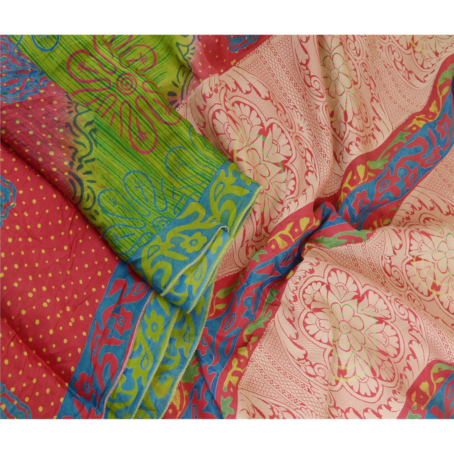 Sanskriti Vintage Sarees Green/Red Pure Silk Printed Woven Sari 5yd Craft Sustainable Fabric