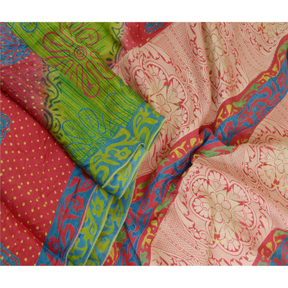 Sanskriti Vintage Sarees Green/Red Pure Silk Printed Woven Sari 5yd Craft Sustainable Fabric