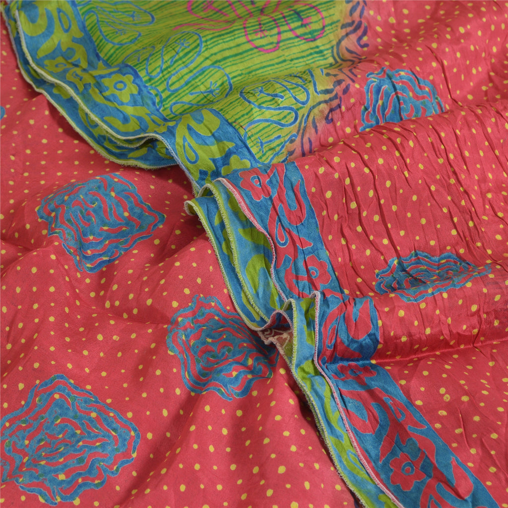 Sanskriti Vintage Sarees Green/Red Pure Silk Printed Woven Sari 5yd Craft Sustainable Fabric