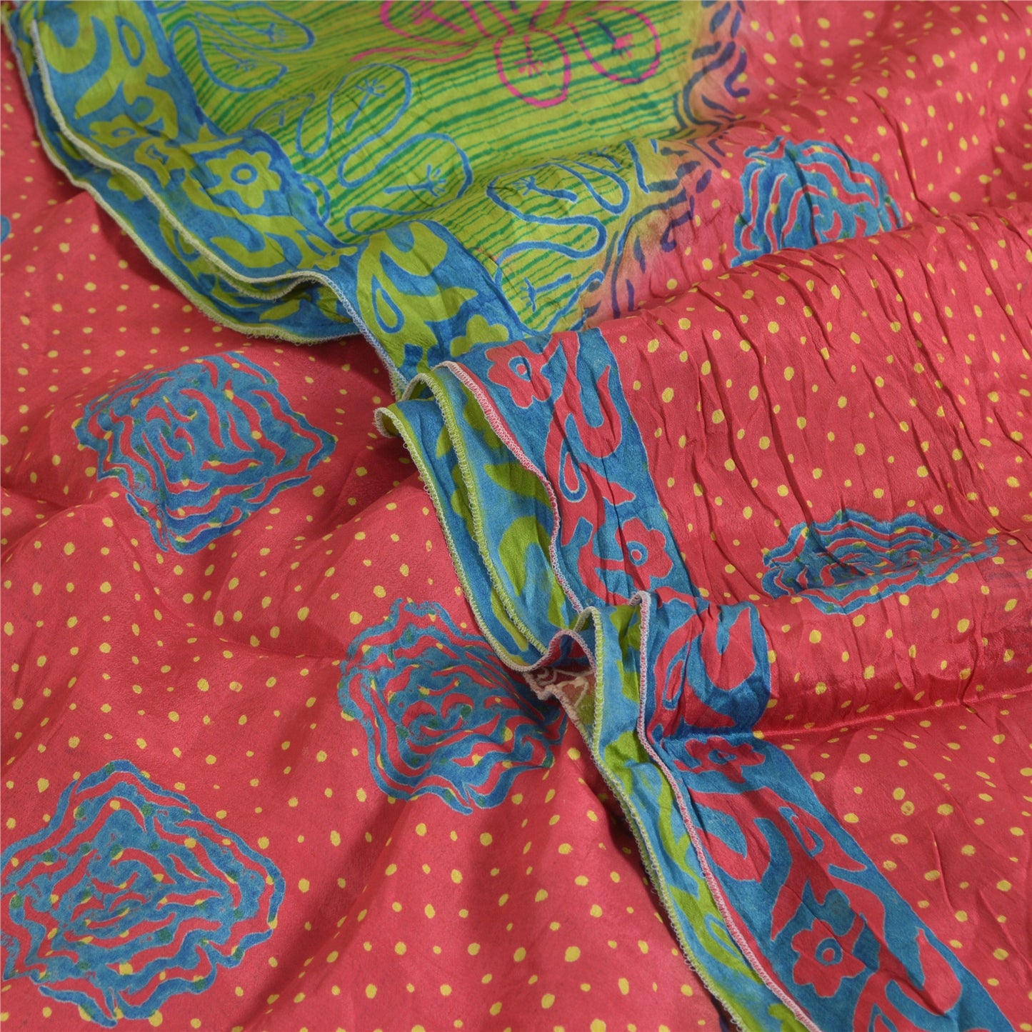 Sanskriti Vintage Sarees Green/Red Pure Silk Printed Woven Sari 5yd Craft Sustainable Fabric