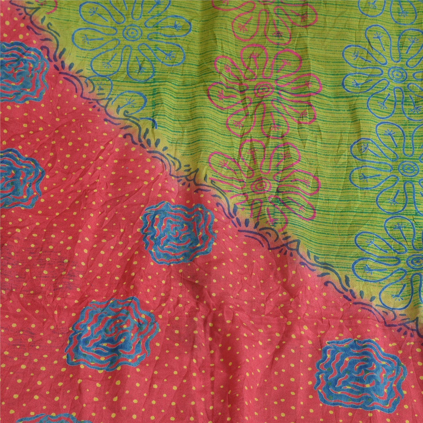 Sanskriti Vintage Sarees Green/Red Pure Silk Printed Woven Sari 5yd Craft Sustainable Fabric