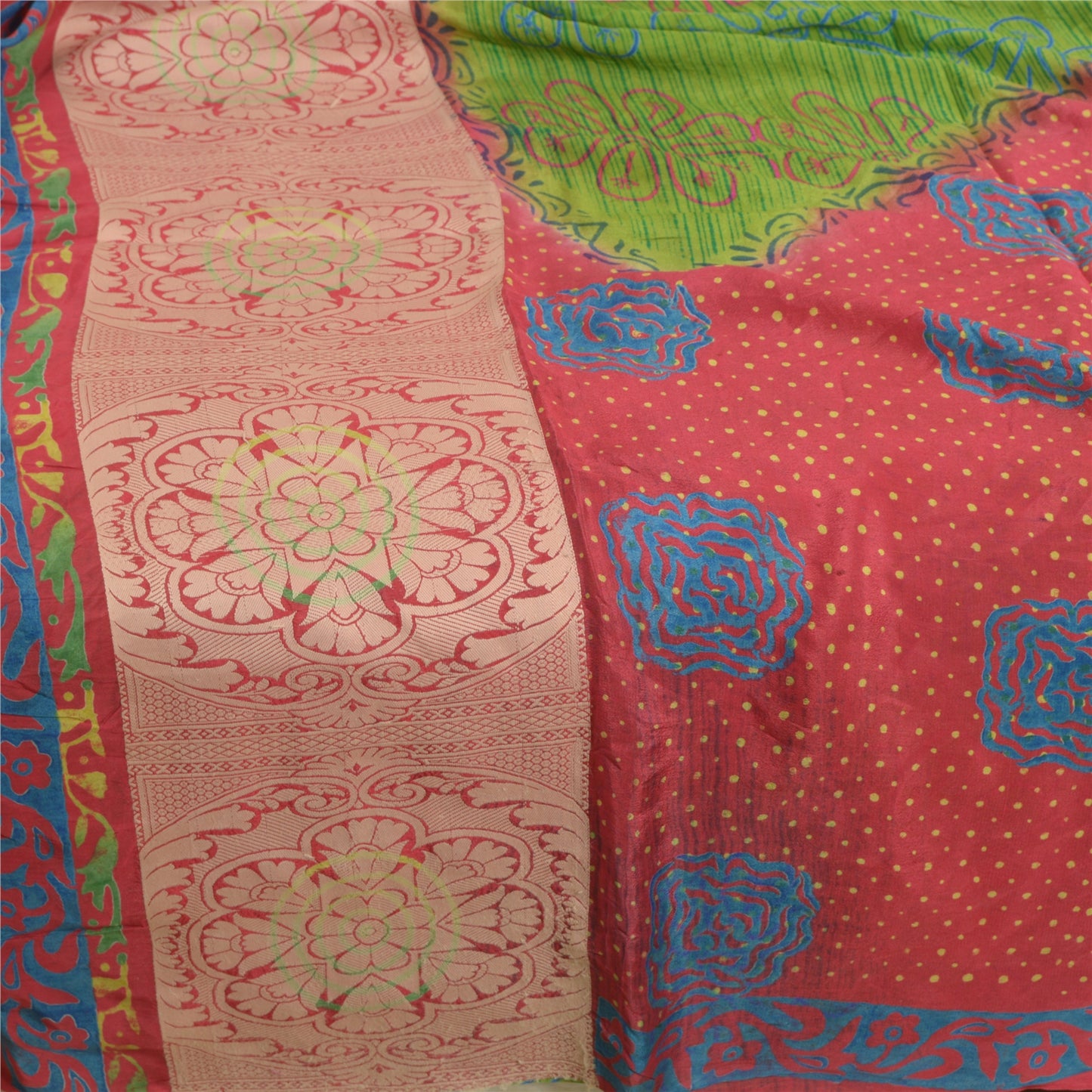 Sanskriti Vintage Sarees Green/Red Pure Silk Printed Woven Sari 5yd Craft Sustainable Fabric