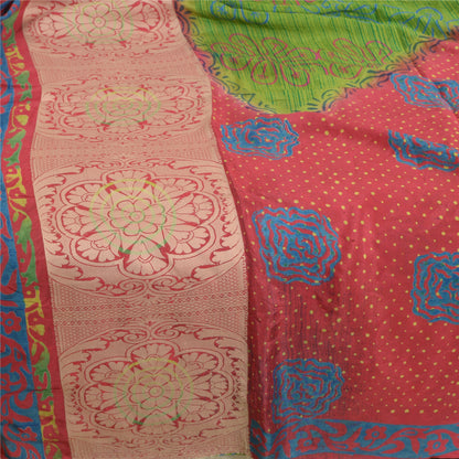Sanskriti Vintage Sarees Green/Red Pure Silk Printed Woven Sari 5yd Craft Sustainable Fabric