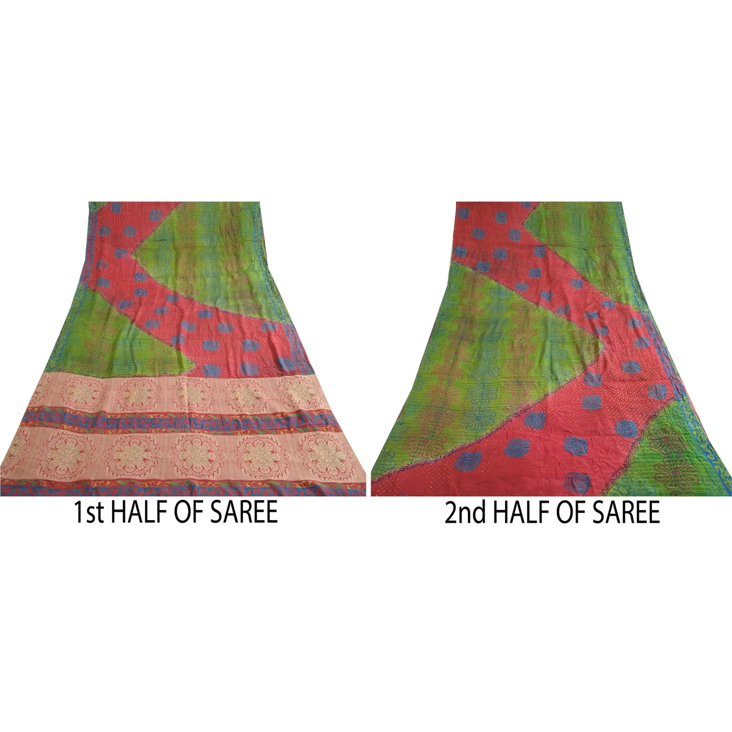 Sanskriti Vintage Sarees Green/Red Pure Silk Printed Woven Sari 5yd Craft Sustainable Fabric