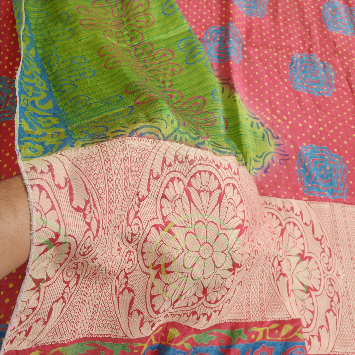 Sanskriti Vintage Sarees Green/Red Pure Silk Printed Woven Sari 5yd Craft Sustainable Fabric