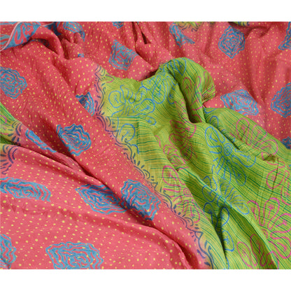 Sanskriti Vintage Sarees Green/Red Pure Silk Printed Woven Sari 5yd Craft Sustainable Fabric