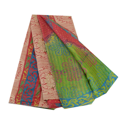 Sanskriti Vintage Sarees Green/Red Pure Silk Printed Woven Sari 5yd Craft Sustainable Fabric