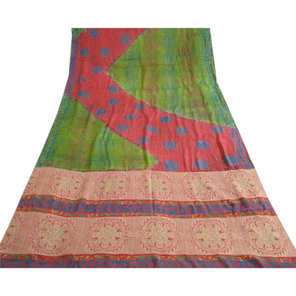Sanskriti Vintage Sarees Green/Red Pure Silk Printed Woven Sari 5yd Craft Sustainable Fabric
