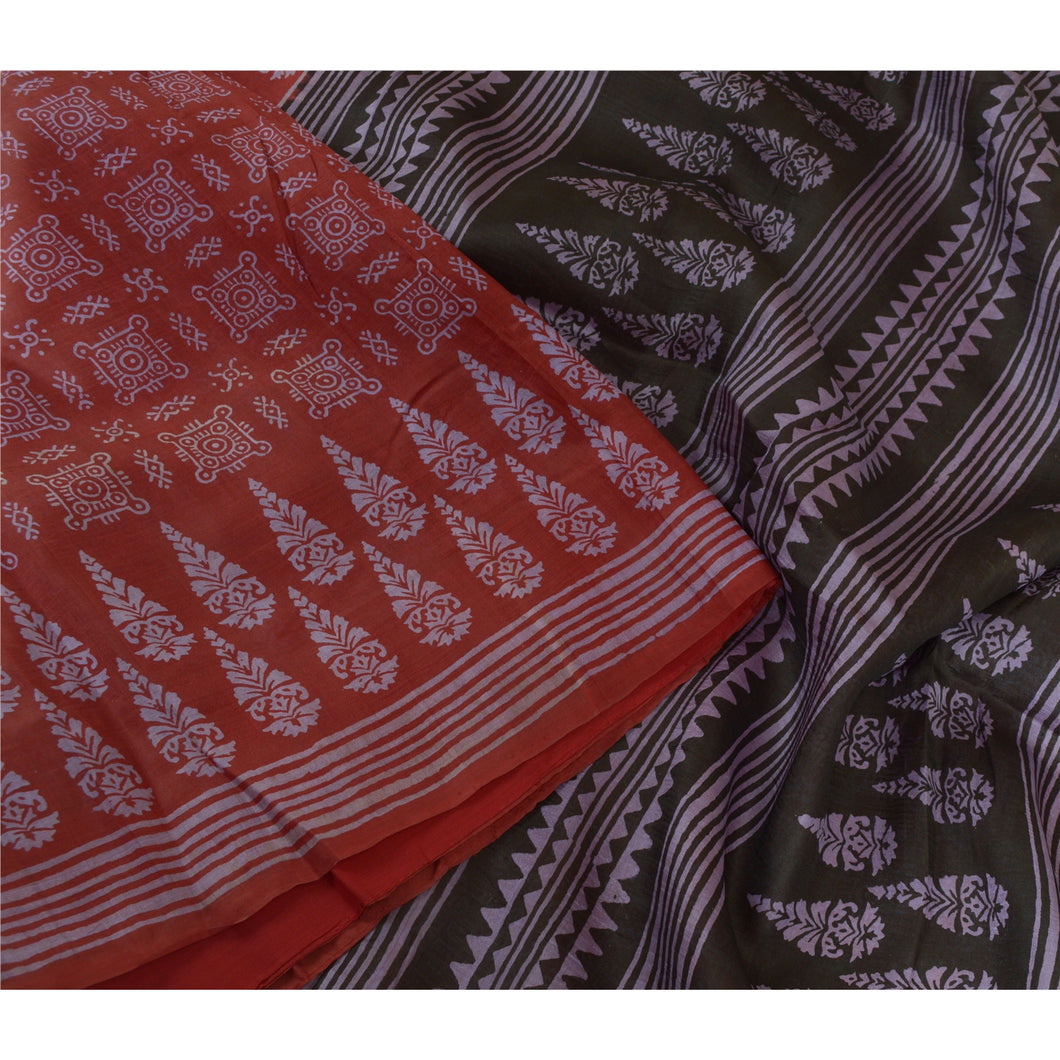Sanskriti Vintage Sarees Dark Red Hand Block Printed Pure Silk Sari Craft Fabric
