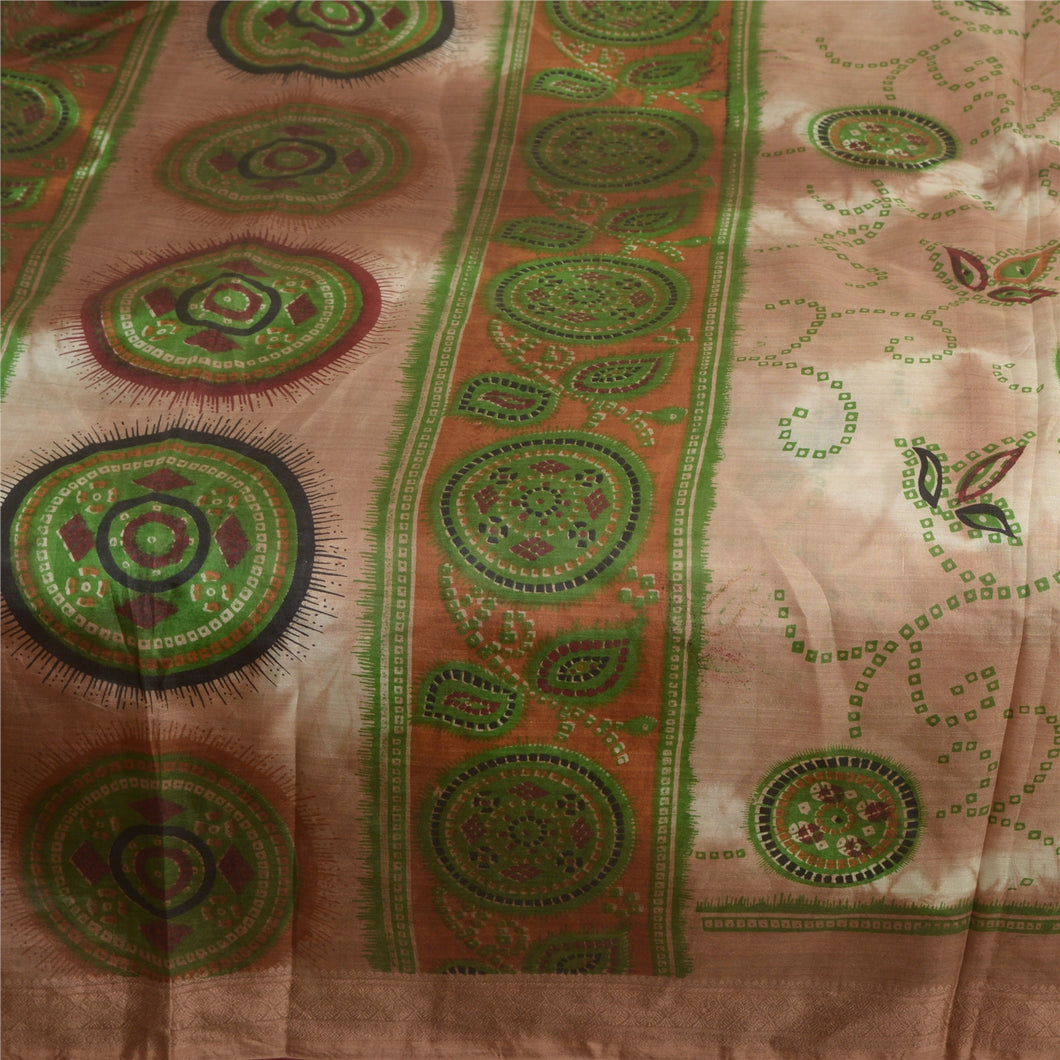 Sanskriti Vintage Sarees Brown Bandhani Pure Silk Printed Sari 5yd Craft Fabric