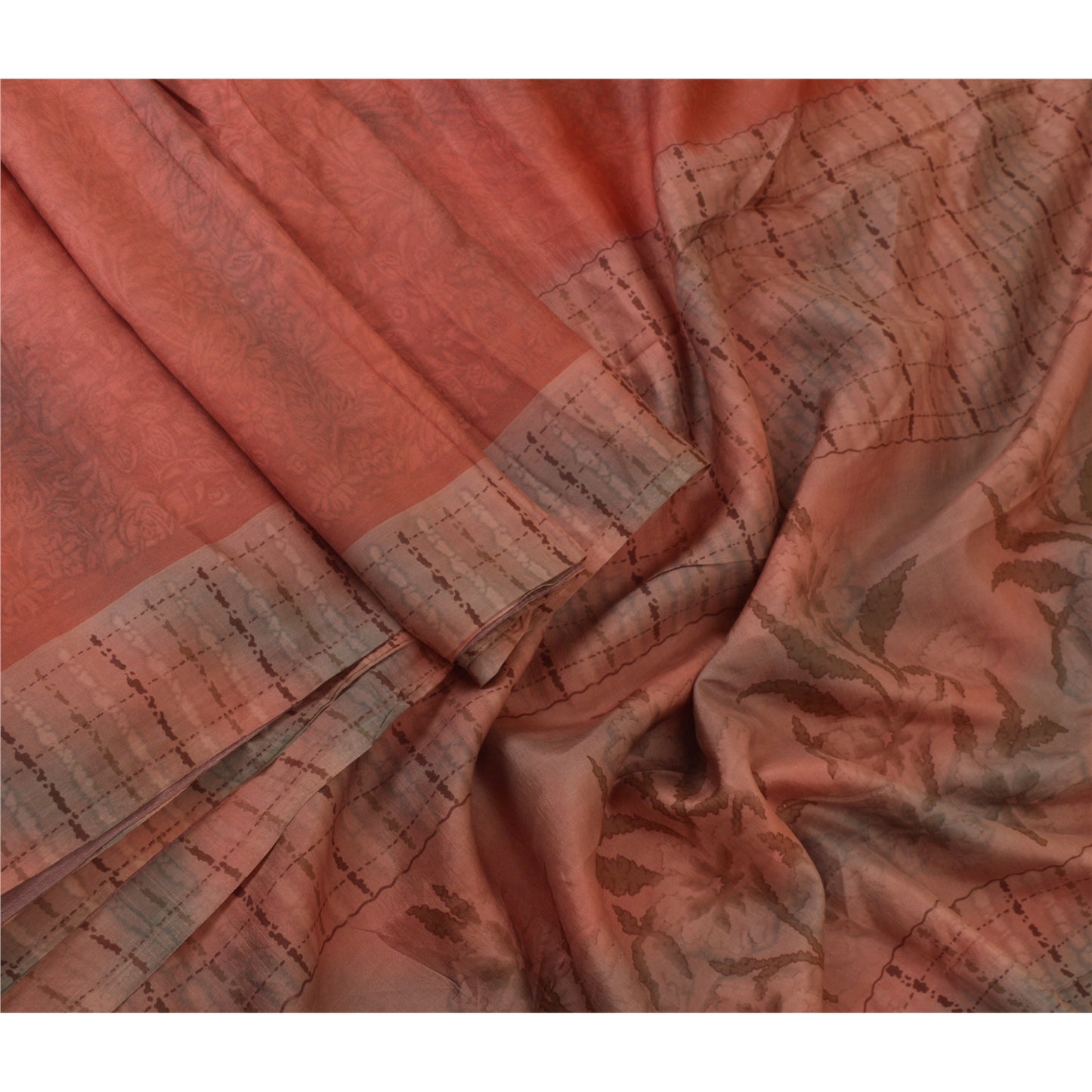 Sanskriti Vintage Sarees Indian Red/Brown Pure Silk Printed Sari Craft Sustainable Fabric