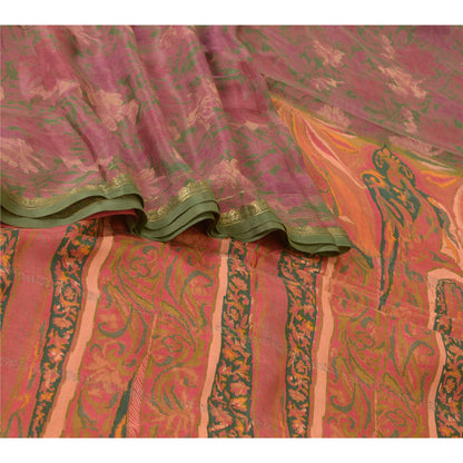 Sanskriti Vintage Sarees Pink Zari Border Ren Silke Trykt Sari Håndværk Bæredygtigt Stoff