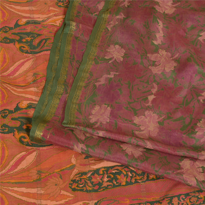 Sanskriti Vintage Sarees Pink Zari Border Ren Silke Trykt Sari Håndværk Bæredygtigt Stoff