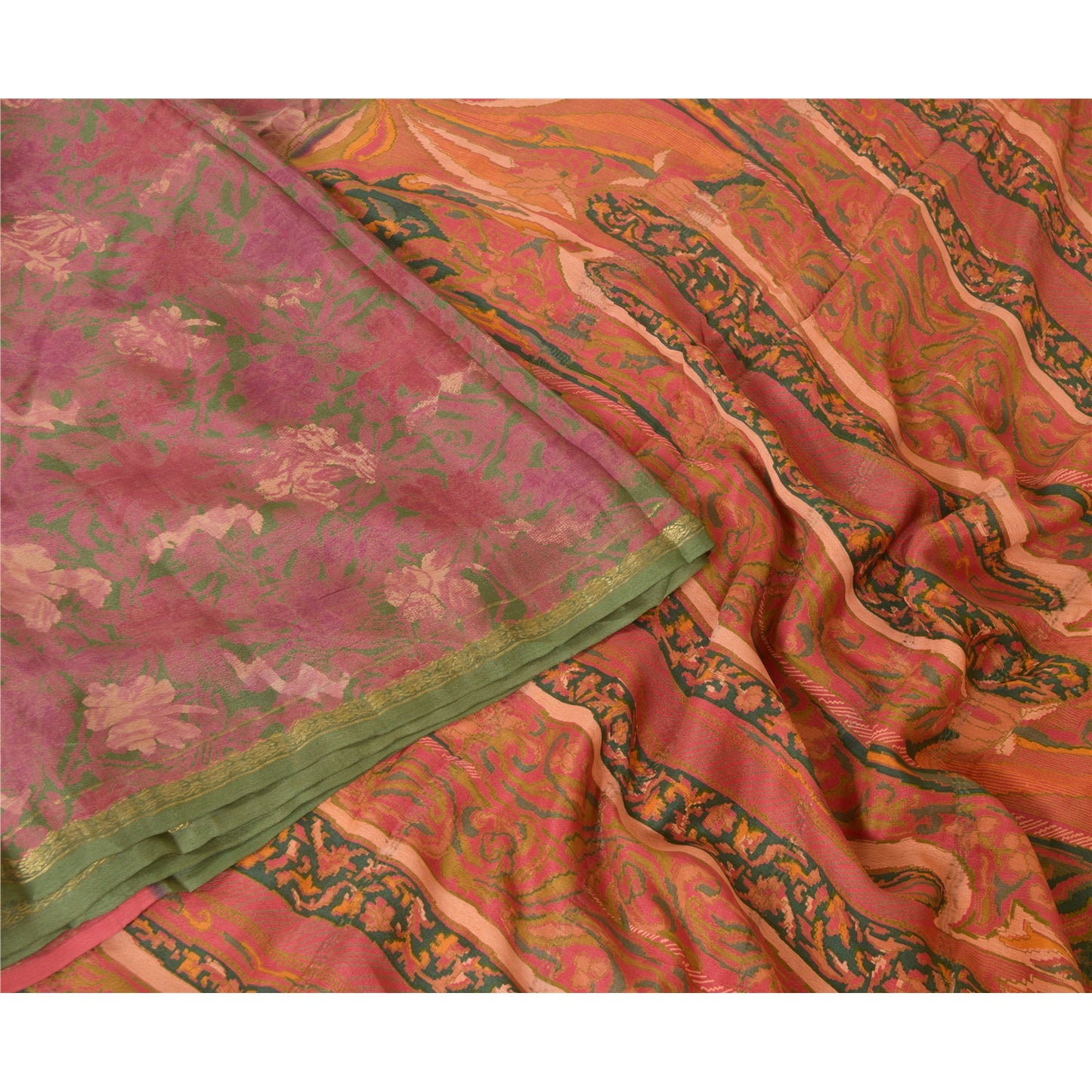 Sanskriti Vintage Sarees Pink Zari Border Ren Silke Trykt Sari Håndværk Bæredygtigt Stoff