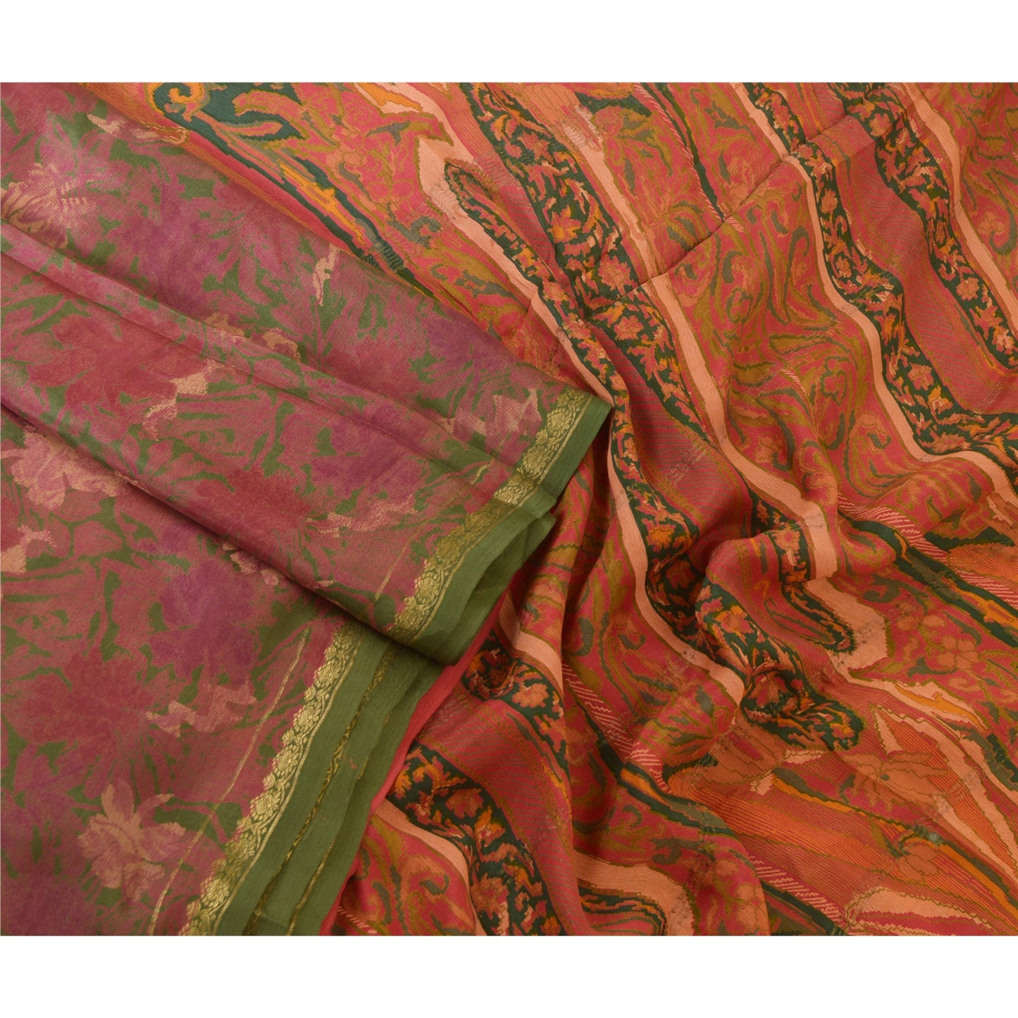 Sanskriti Vintage Sarees Pink Zari Border Ren Silke Trykt Sari Håndværk Bæredygtigt Stoff