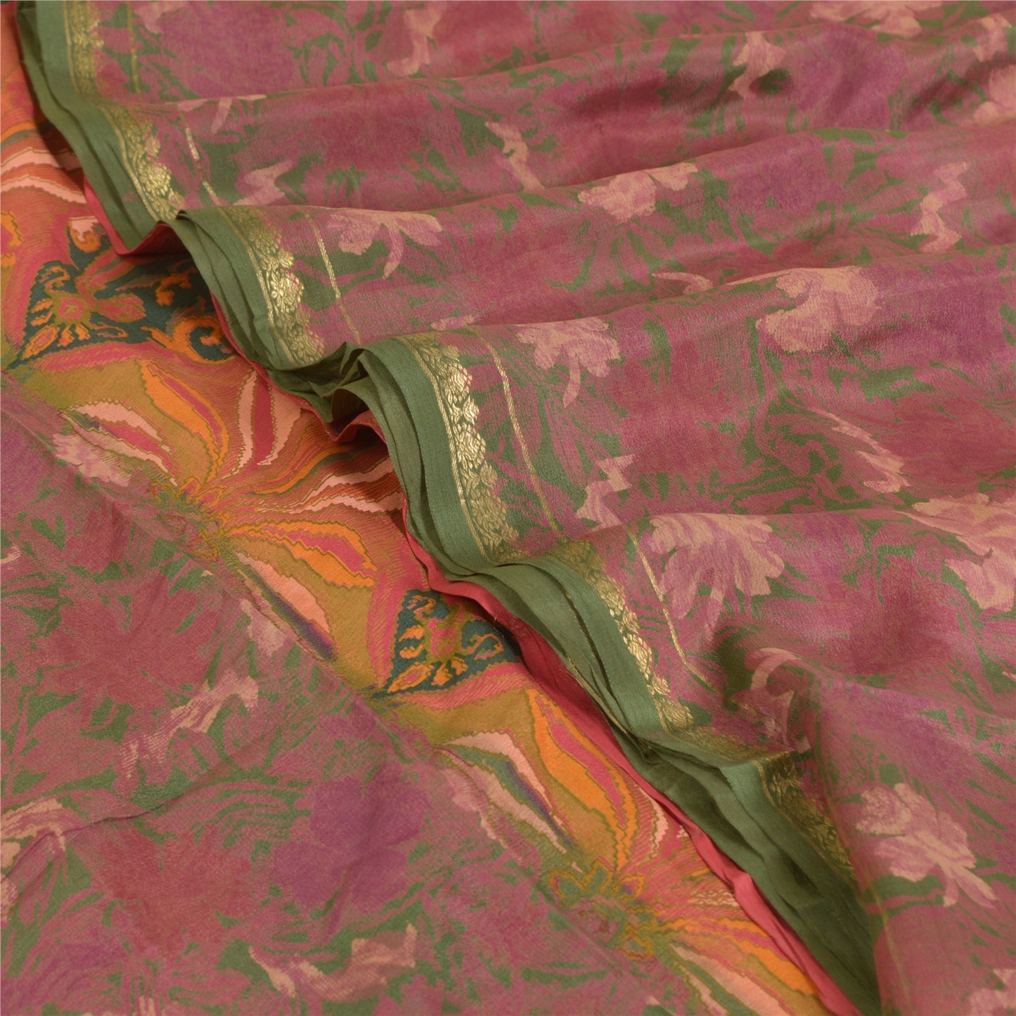 Sanskriti Vintage Sarees Pink Zari Border Ren Silke Trykt Sari Håndværk Bæredygtigt Stoff