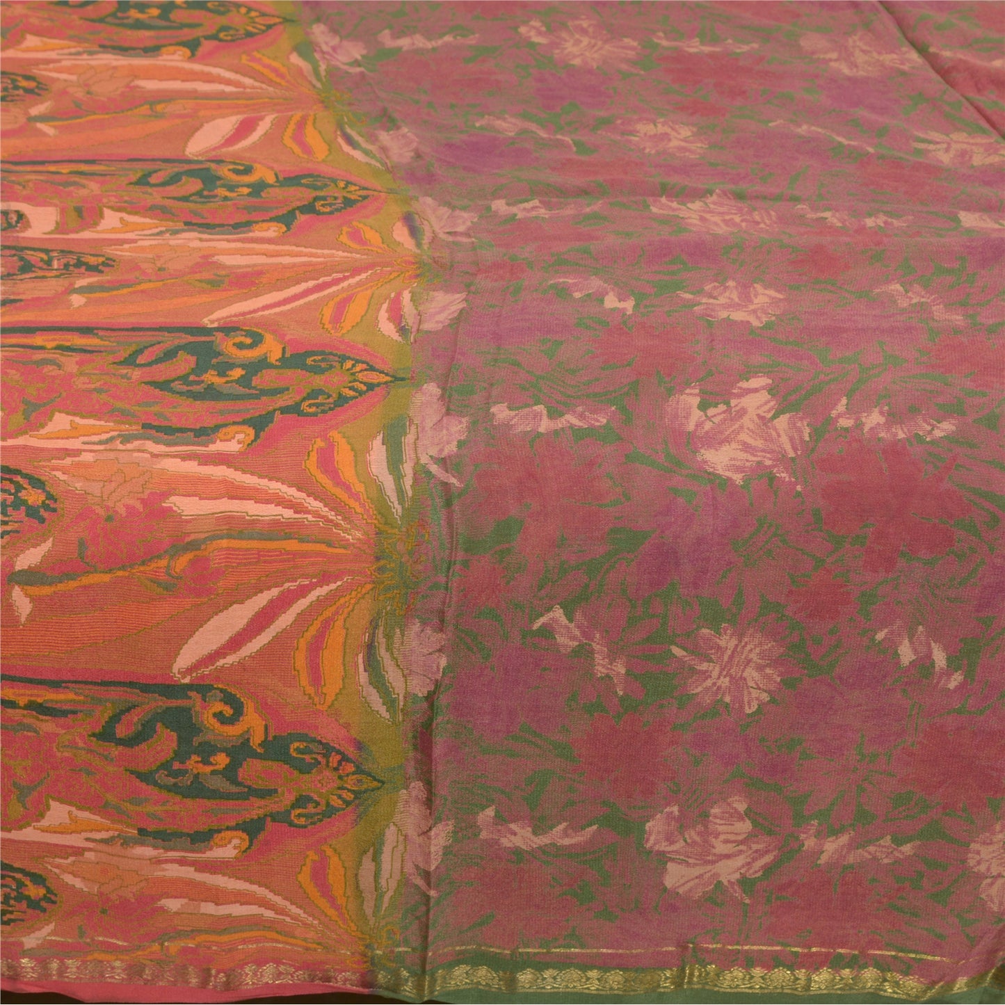 Sanskriti Vintage Sarees Pink Zari Border Ren Silke Trykt Sari Håndværk Bæredygtigt Stoff