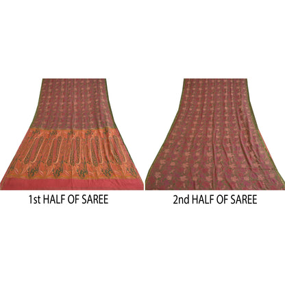 Sanskriti Vintage Sarees Pink Zari Border Ren Silke Trykt Sari Håndværk Bæredygtigt Stoff
