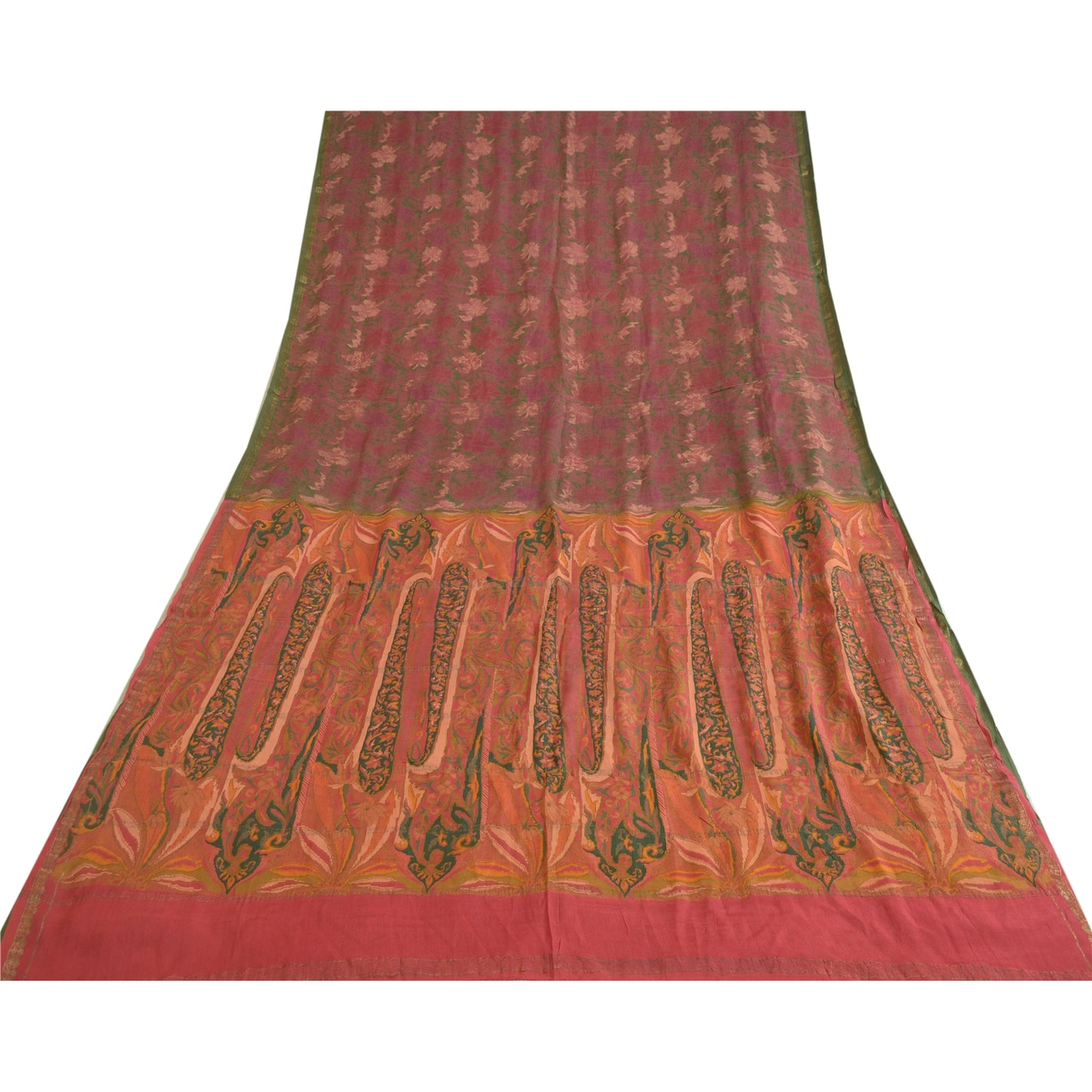 Sanskriti Vintage Sarees Pink Zari Border Ren Silke Trykt Sari Håndværk Bæredygtigt Stoff