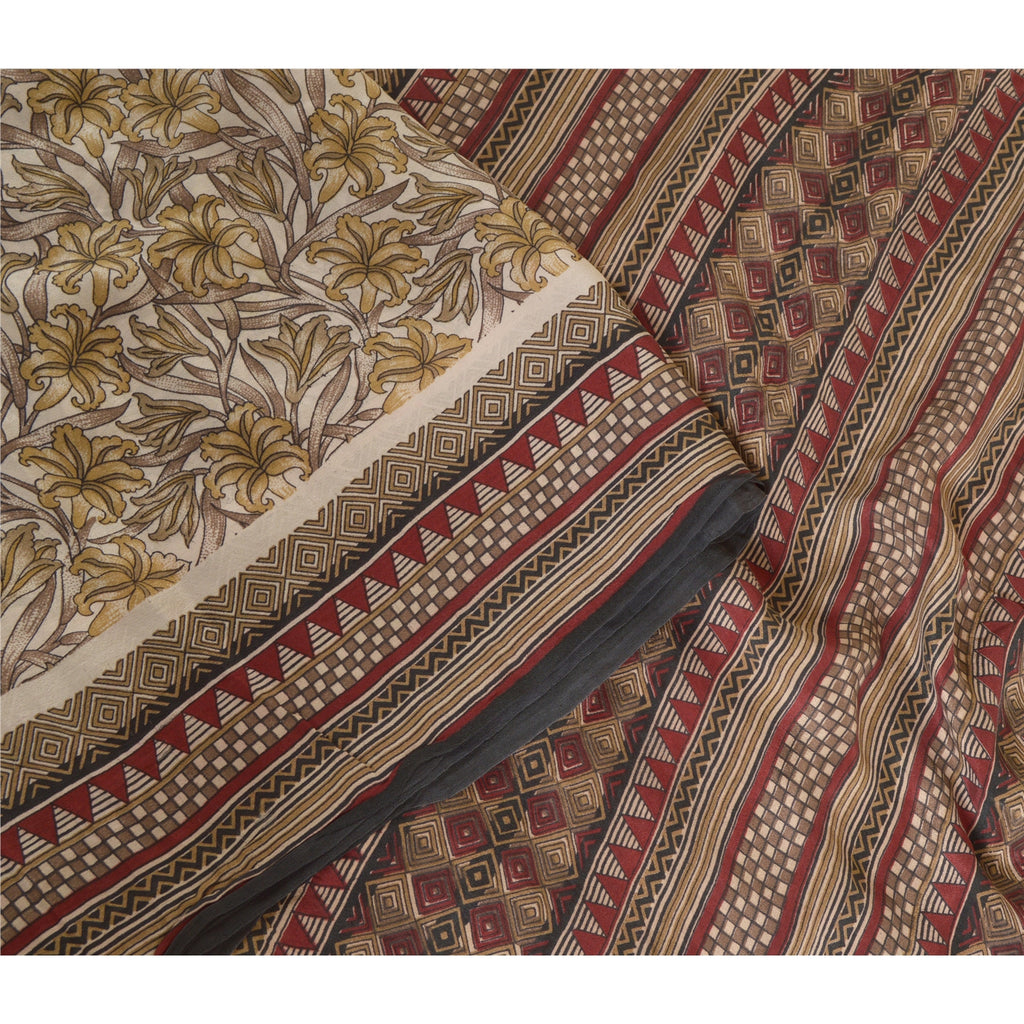Sanskriti Vintage Sarees Ivory 100% Pure Silk Printed Sari Soft 5yd Craft Sustainable Fabric