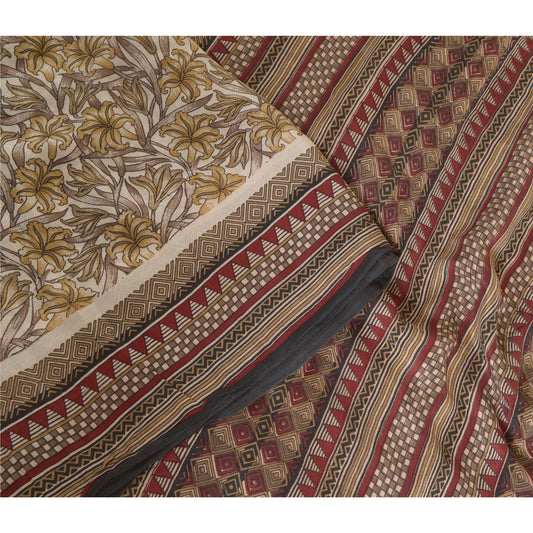 Санскритские винтажные сари цвета слоновой кости 100% чистый шелк с принтом сари мягкая 5-ярдовая ткань для рукоделия из экологически чистой ткани