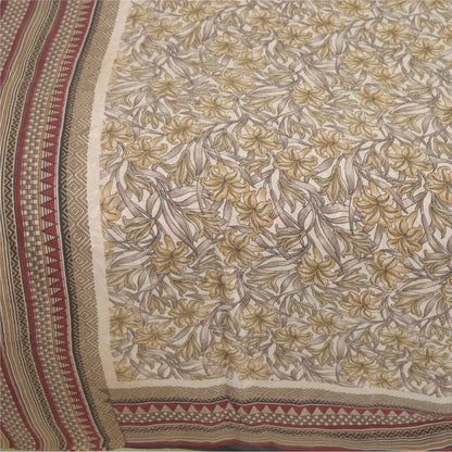 Sanskriti Vintage Sarees Ivory 100% Pure Silk Printed Sari Soft 5yd Craft Sustainable Fabric