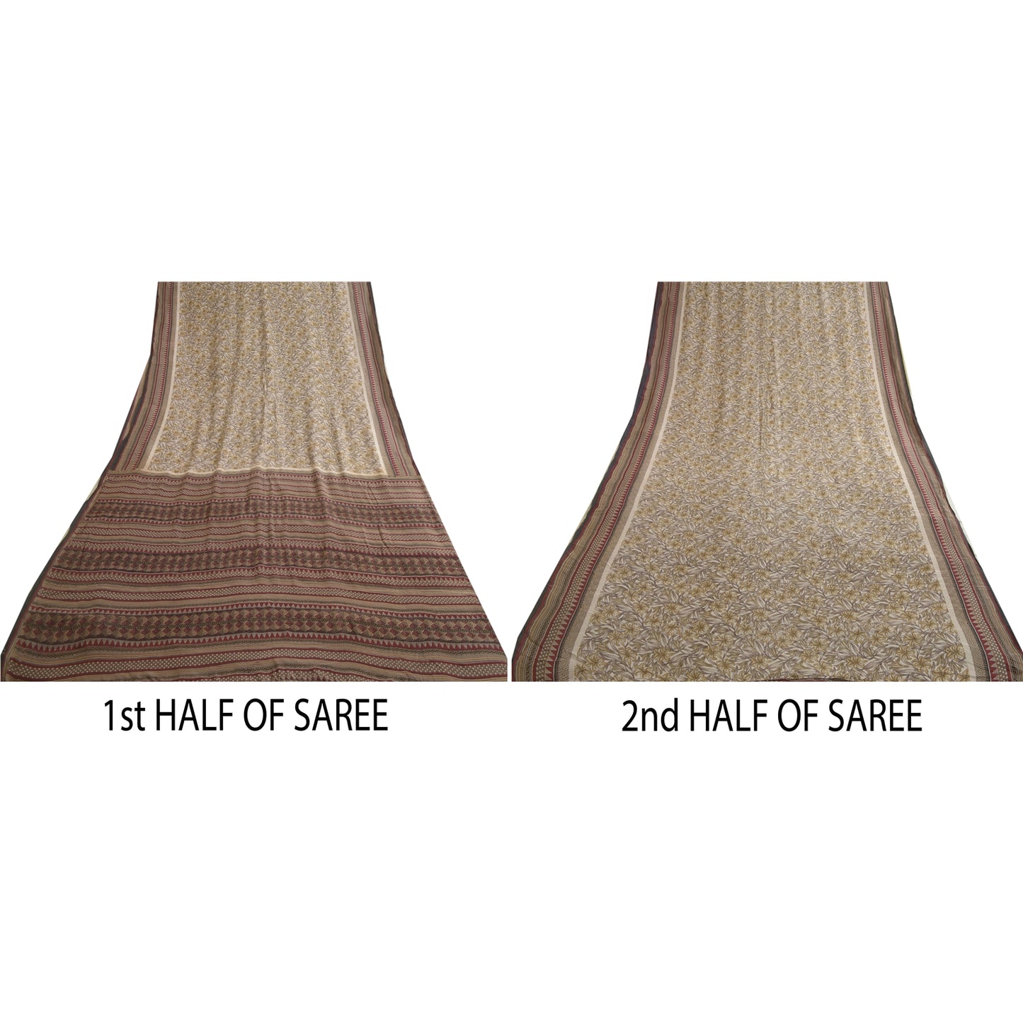 Sanskriti Vintage Sarees Ivory 100% Pure Silk Printed Sari Soft 5yd Craft Sustainable Fabric