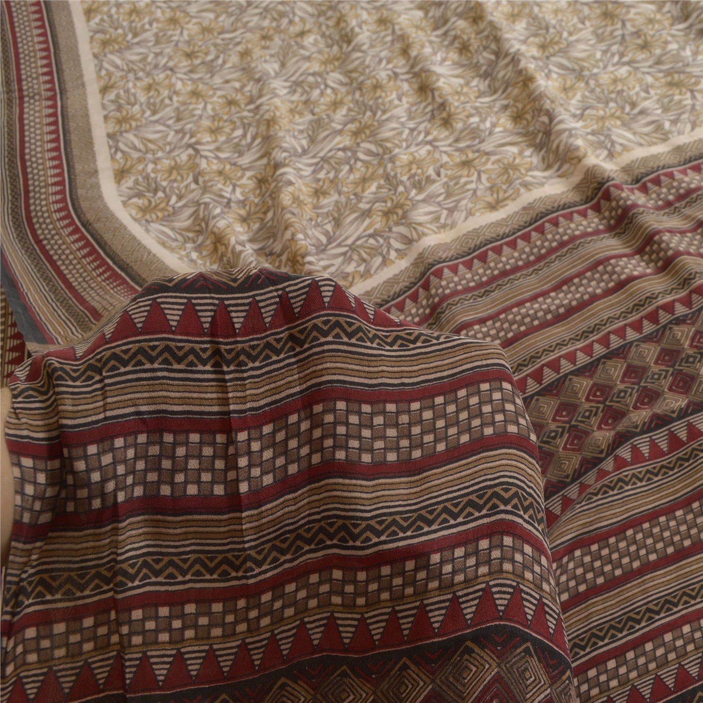 Sanskriti Vintage Sarees Ivory 100% Pure Silk Printed Sari Soft 5yd Craft Sustainable Fabric