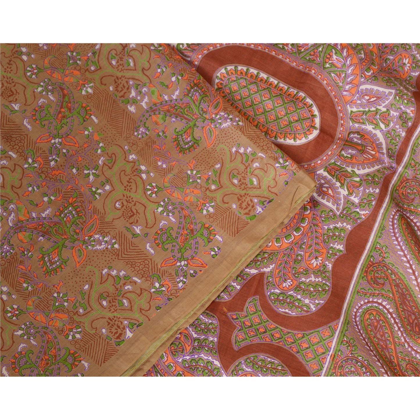 Sanskriti Vintage Sarees Heena-Green Pure Silk Printed Sari Floral Craft Sustainable Fabric