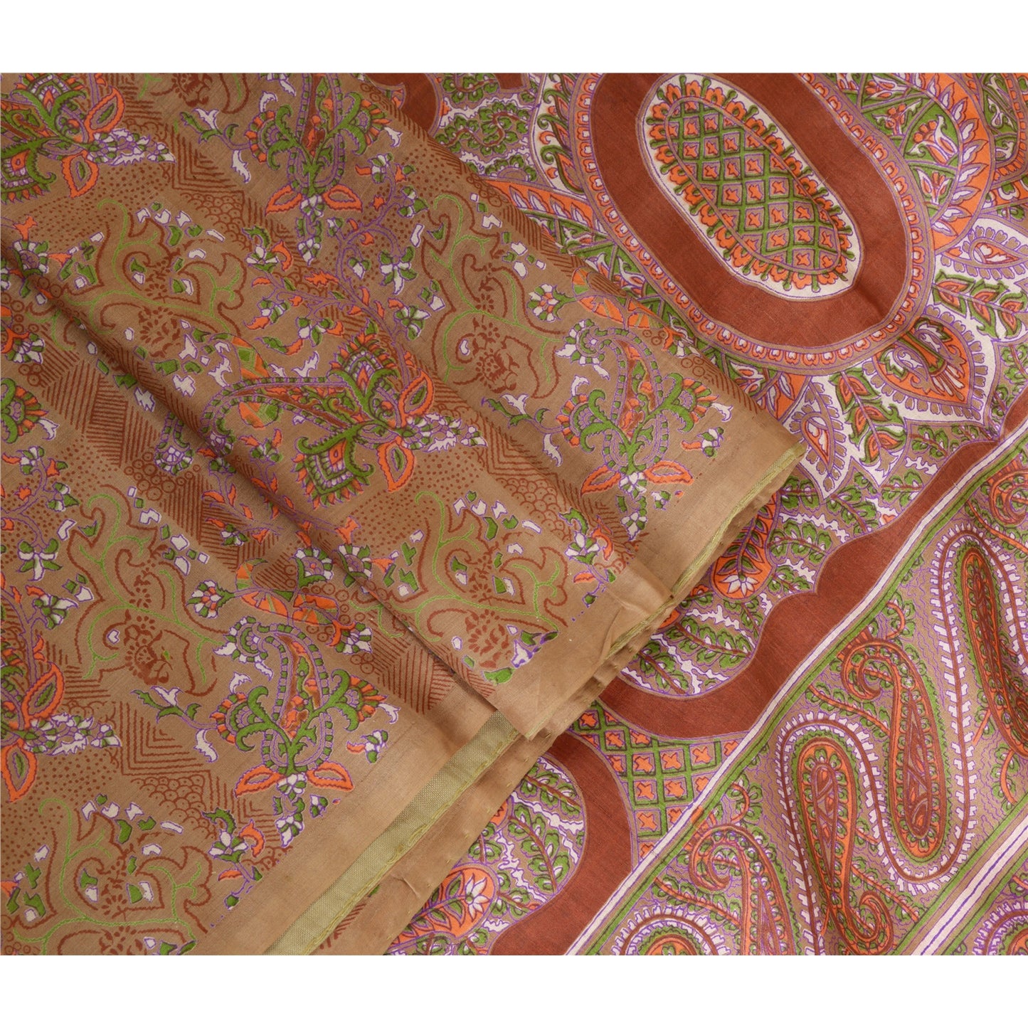 Sanskriti Vintage Sarees Heena-Green Pure Silk Printed Sari Floral Craft Sustainable Fabric