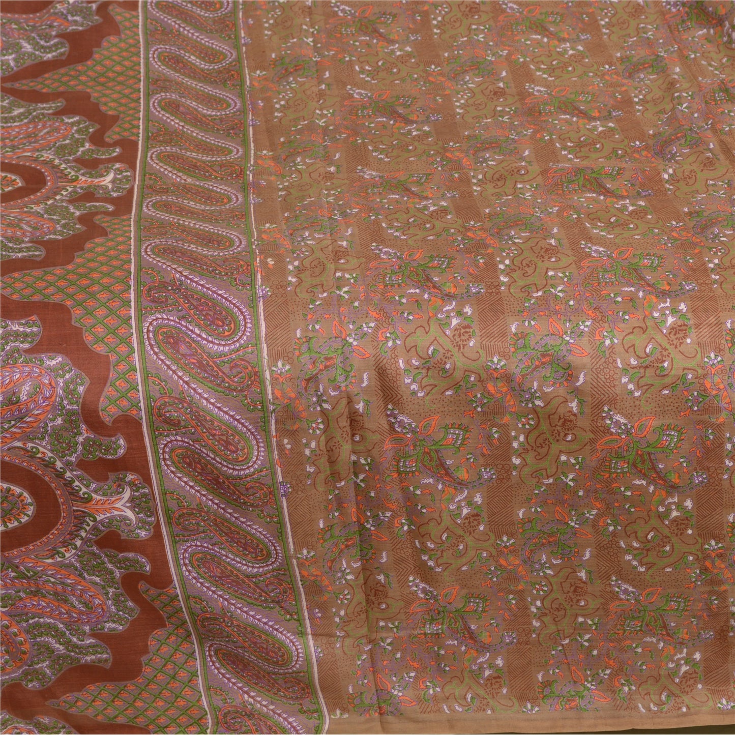 Sanskriti Vintage Sarees Heena-Green Pure Silk Printed Sari Floral Craft Sustainable Fabric