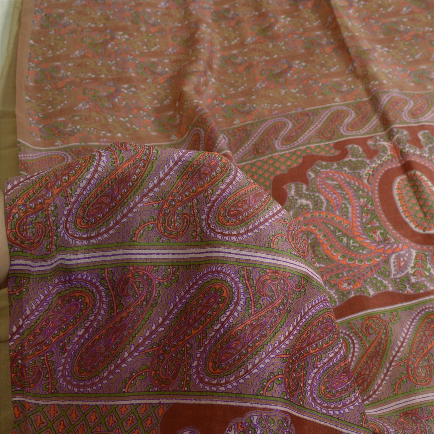 Sanskriti Vintage Sarees Heena-Green Pure Silk Printed Sari Floral Craft Sustainable Fabric