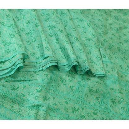 Sanskriti Vintage Sarees Green 100% Pure Silk Printed Sari Soft 5yd Craft Sustainable Fabric