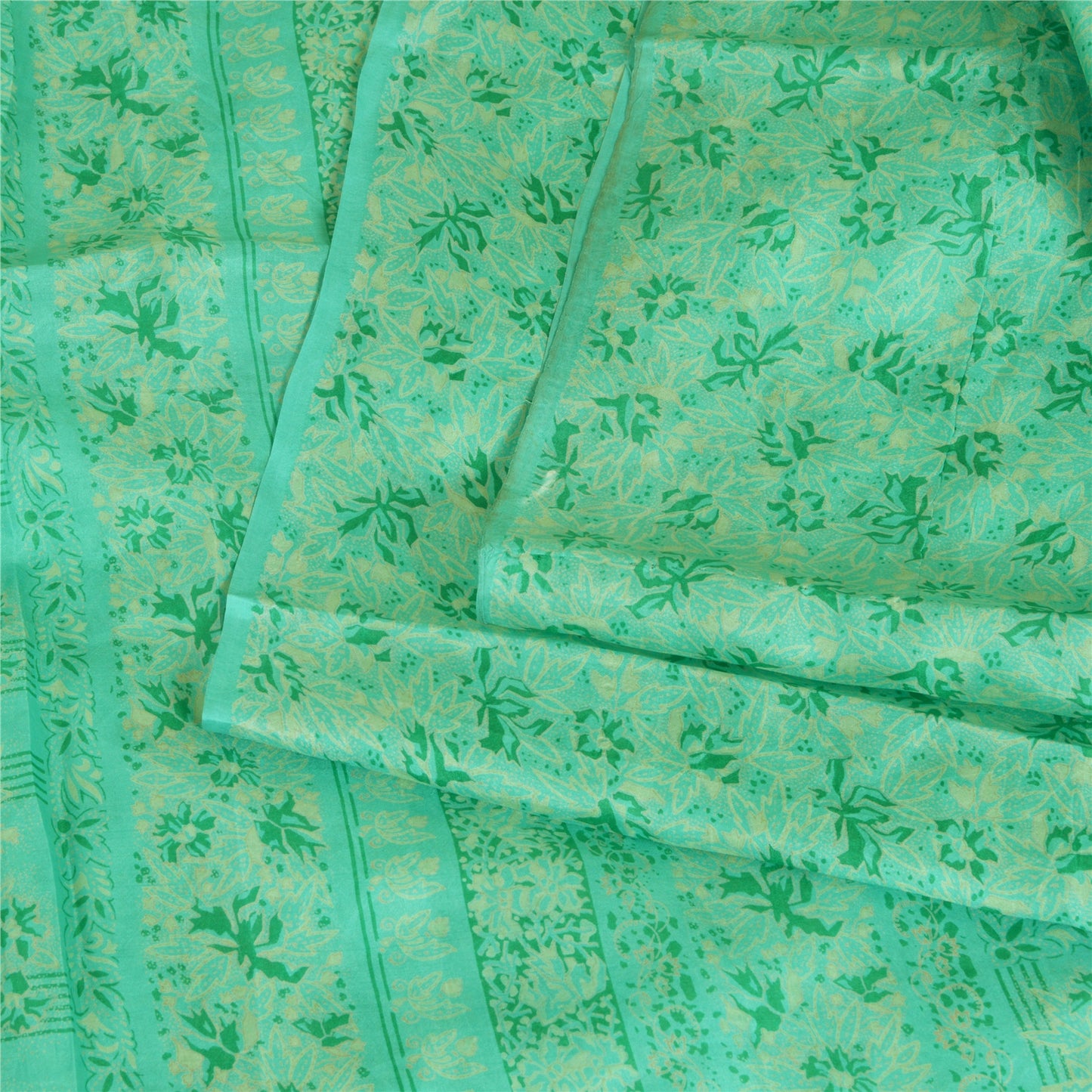 Sanskriti Vintage Sarees Green 100% Pure Silk Printed Sari Soft 5yd Craft Sustainable Fabric