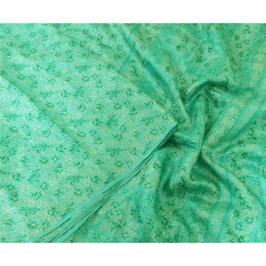 Sanskriti Vintage Sarees Green 100% Pure Silk Printed Sari Soft 5yd Craft Sustainable Fabric