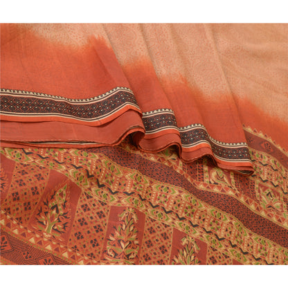 Sanskriti Vintage Sarees Peach/Orange Pure Silk Printed Sari 5yd Craft Sustainable Fabric