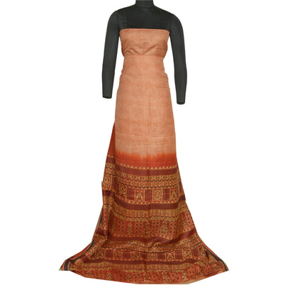 Sanskriti Vintage Sarees Peach/Orange Pure Silk Printed Sari 5yd Craft Sustainable Fabric