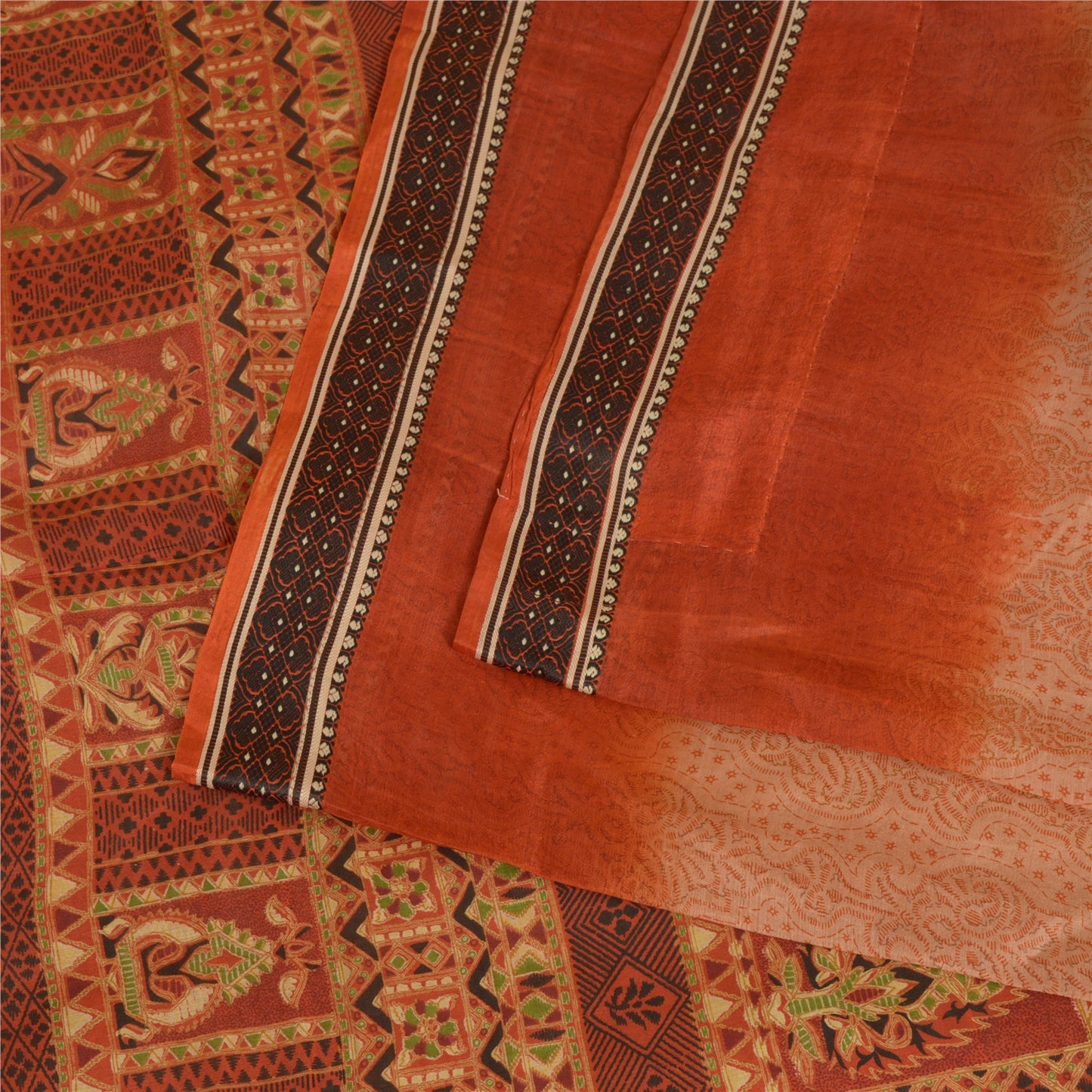 Sanskriti Vintage Sarees Peach/Orange Pure Silk Printed Sari 5yd Craft Sustainable Fabric