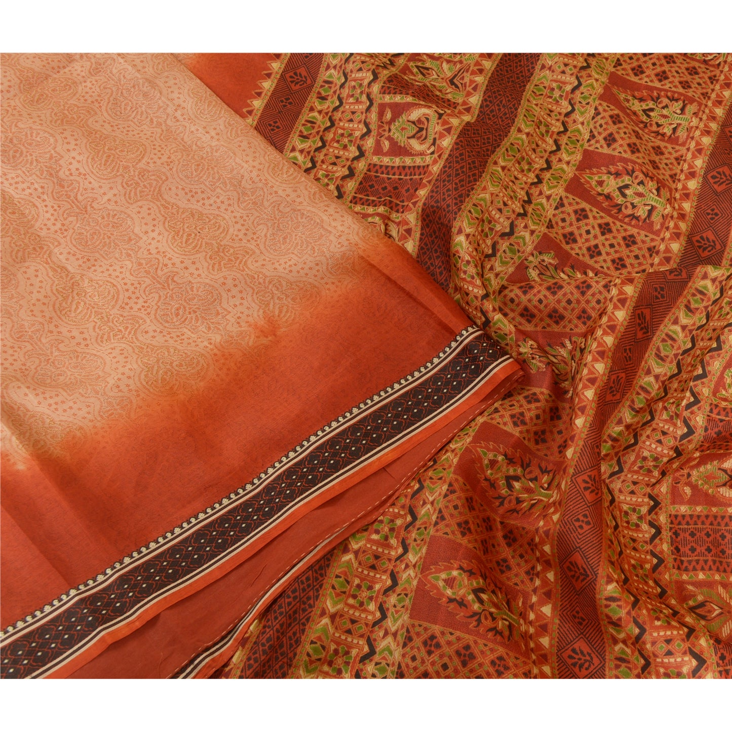 Sanskriti Vintage Sarees Peach/Orange Pure Silk Printed Sari 5yd Craft Sustainable Fabric