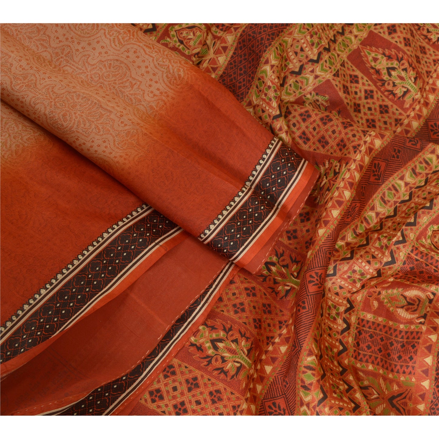 Sanskriti Vintage Sarees Peach/Orange Pure Silk Printed Sari 5yd Craft Sustainable Fabric